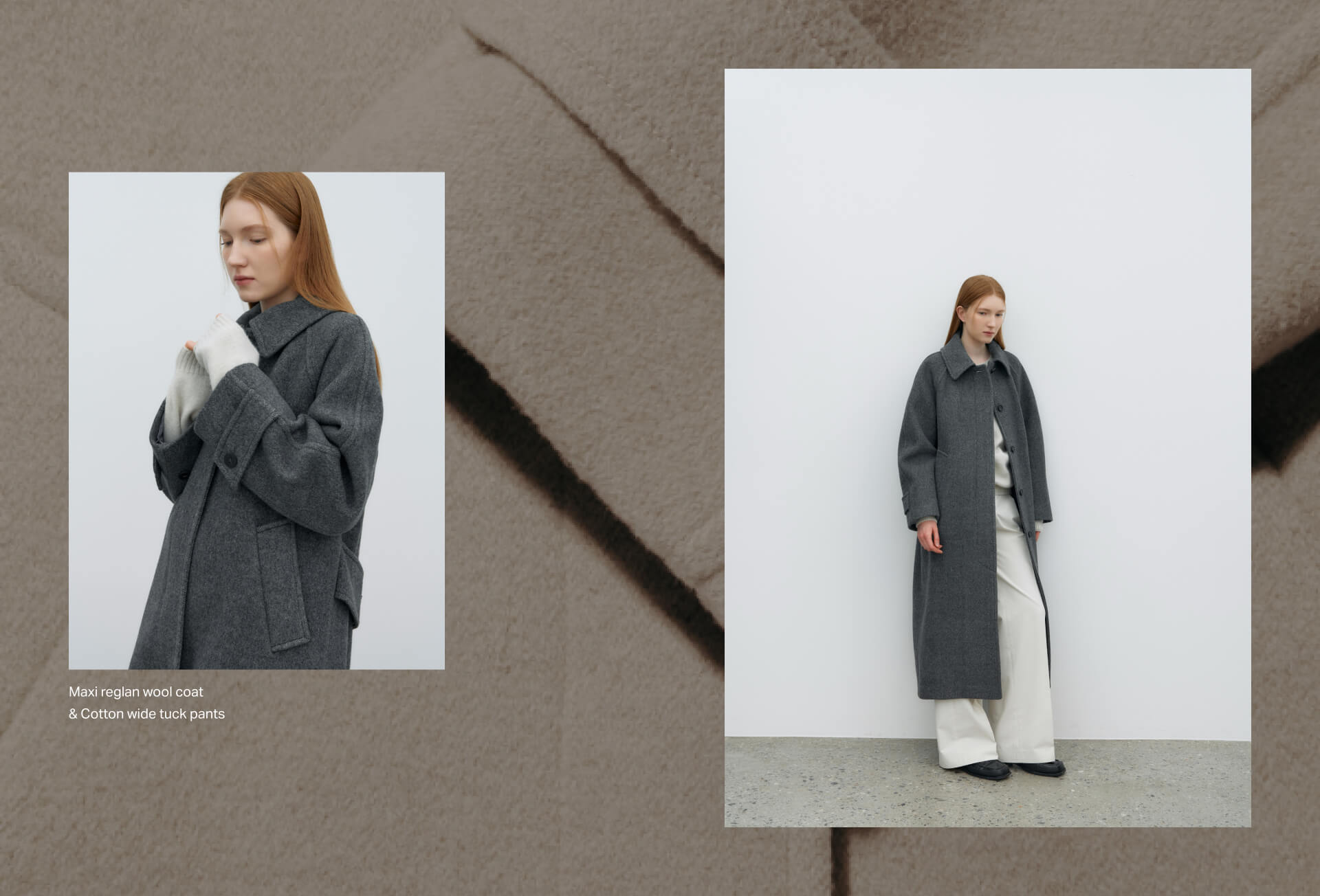 Maxi reglan wool coat & Cotton wide tuck pants
