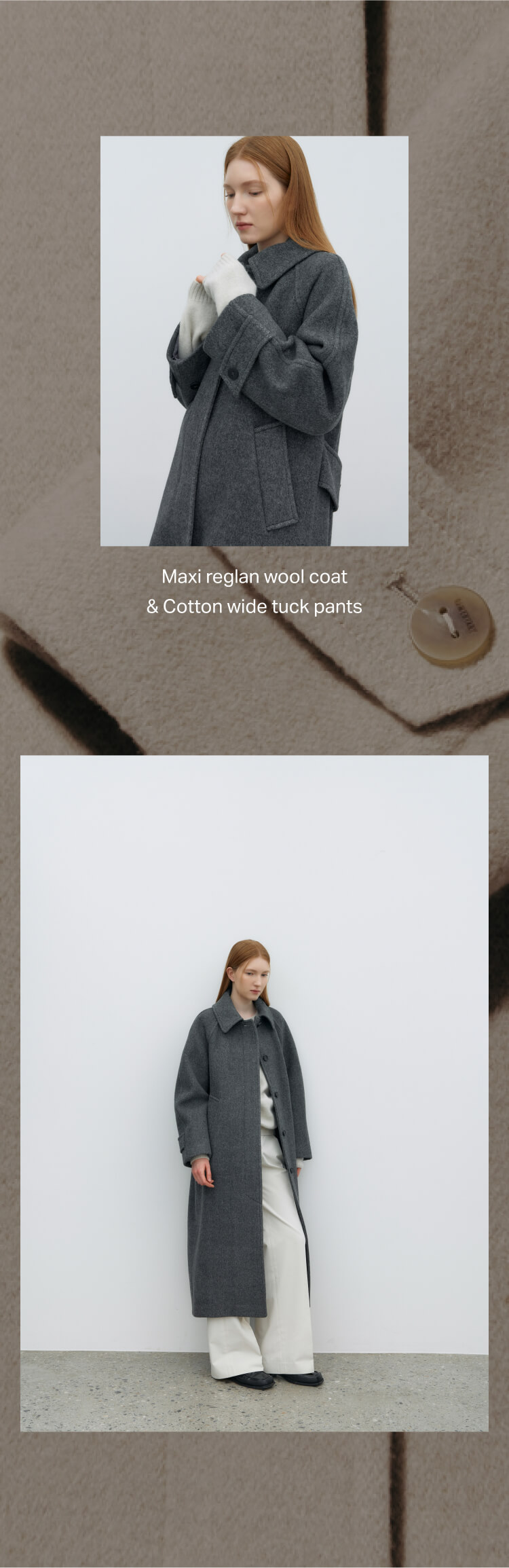 Maxi reglan wool coat & Cotton wide tuck pants