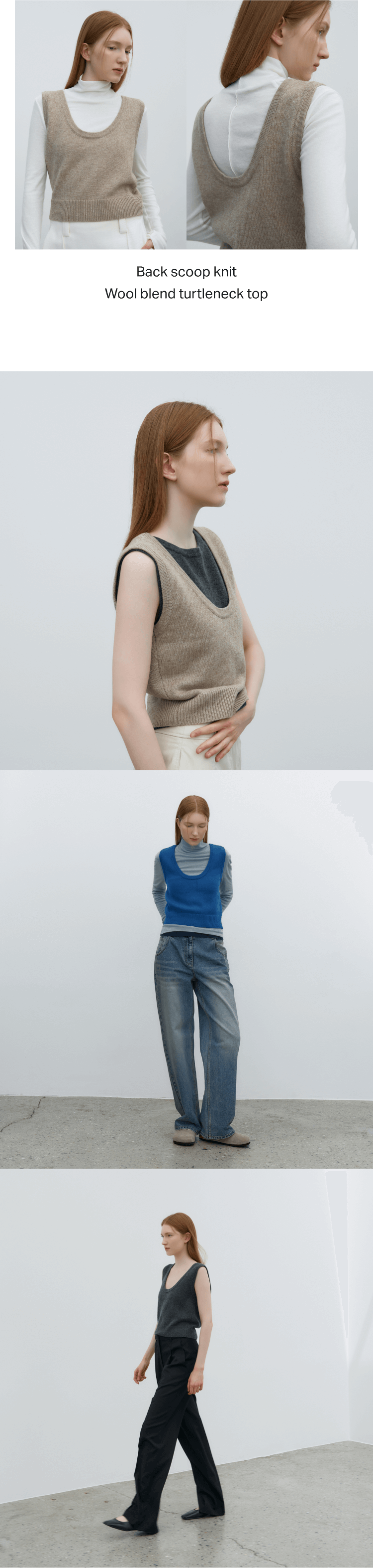 Back scoop knit, Wool blend turtleneck top