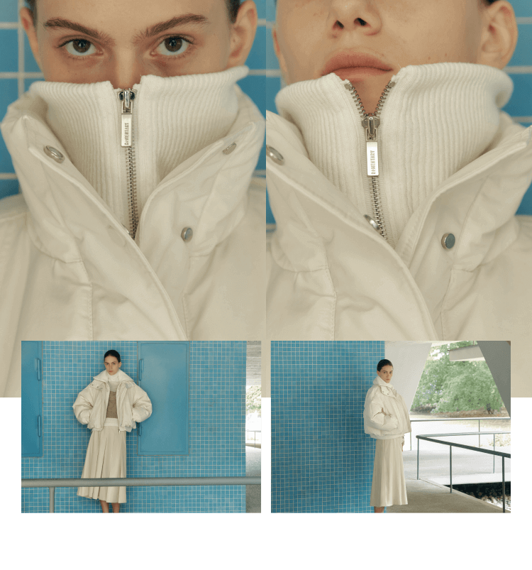 Knit layered goose down, Back scoop knit, Wool blend turtleneck top, Leather pleated skirts