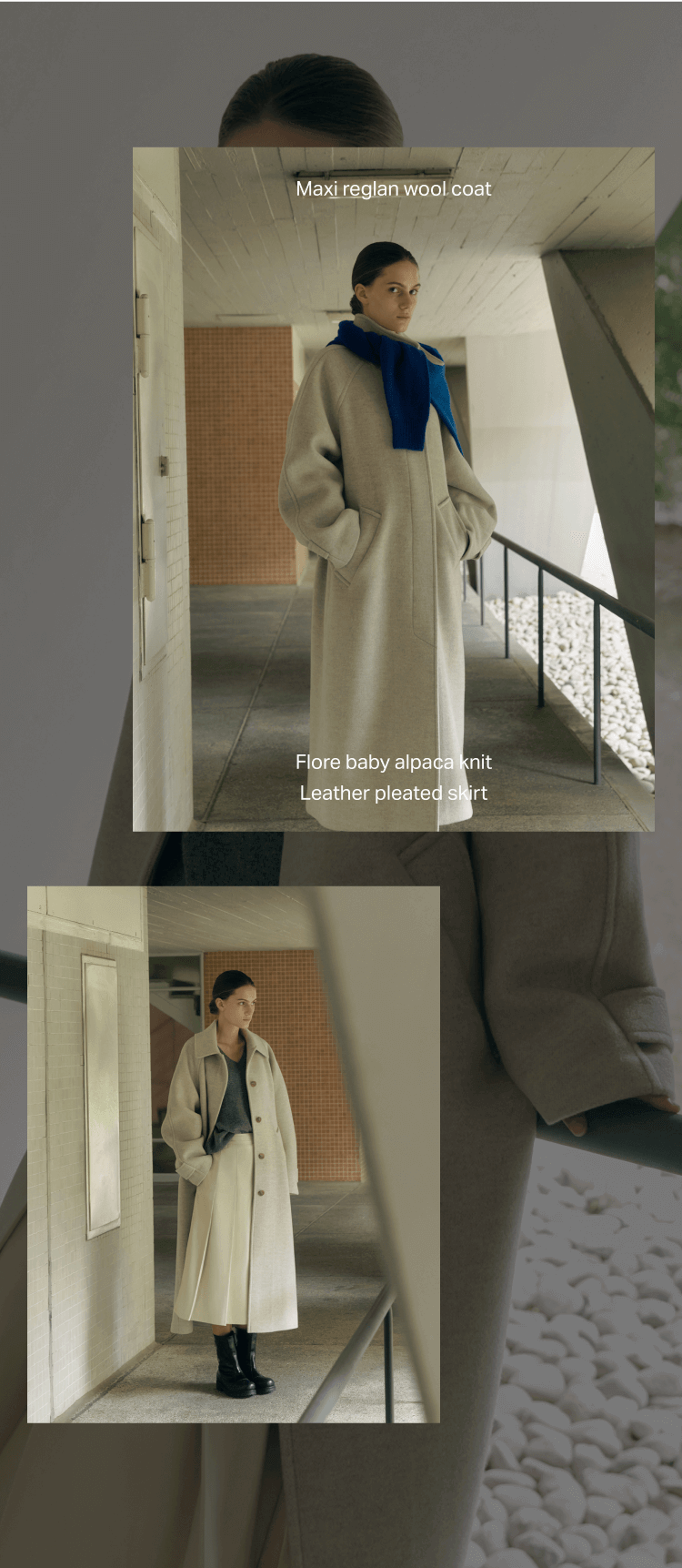 Maxi reglan wool coat, Flore baby alpaca knit, Leather pleated skirts