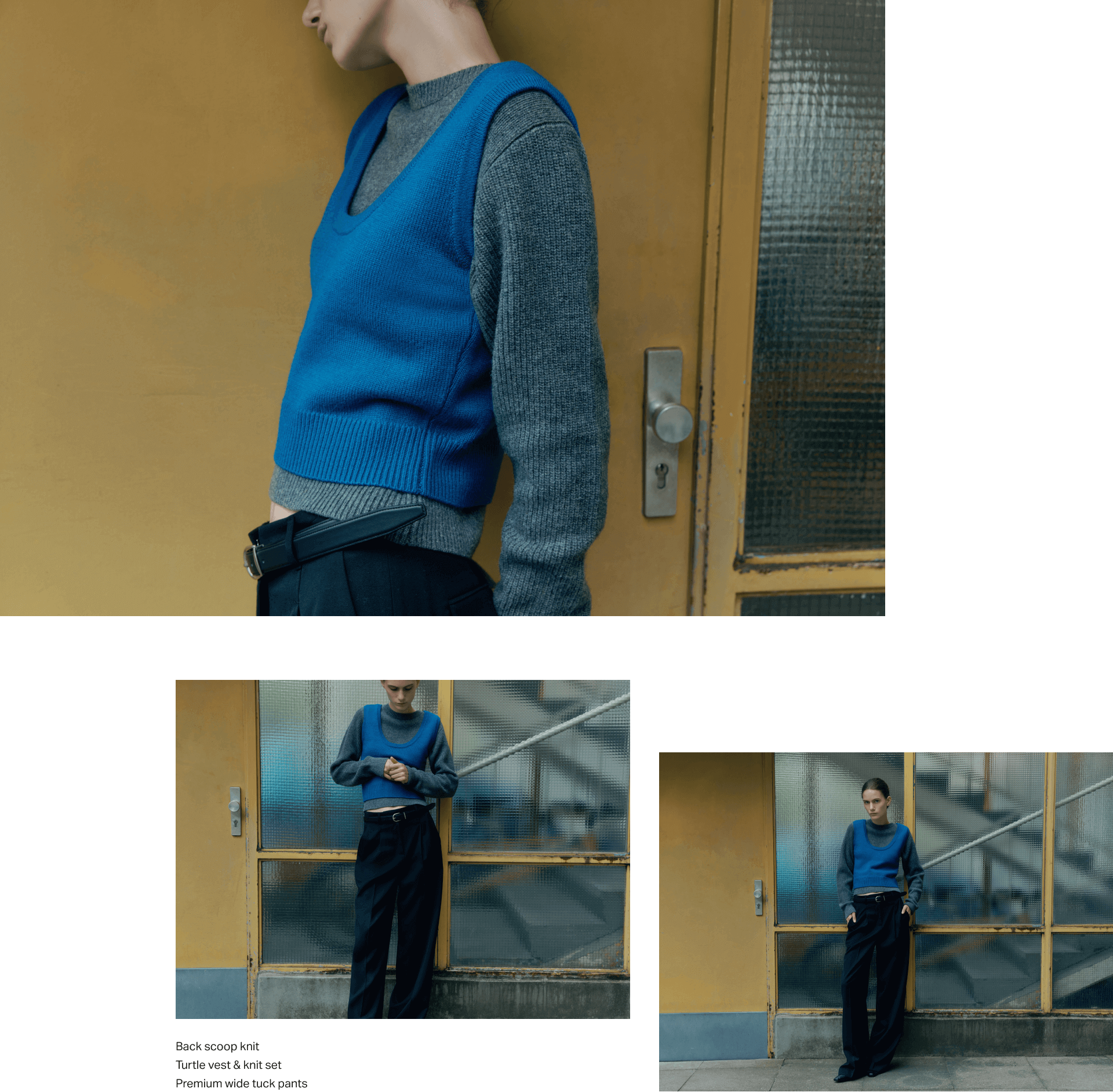 Back scoop knit, Turtle vest & knit set, Premium wide tuck pants