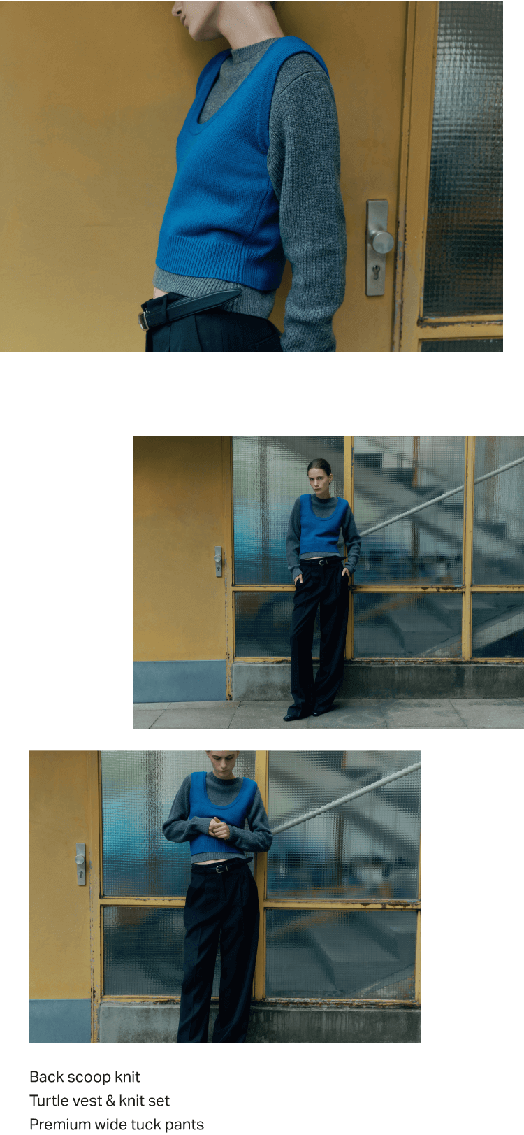 Back scoop knit, Turtle vest & knit set, Premium wide tuck pants